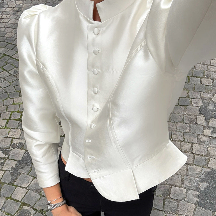 Women's Stand Collar Puff Sleeve Elegant Shirt