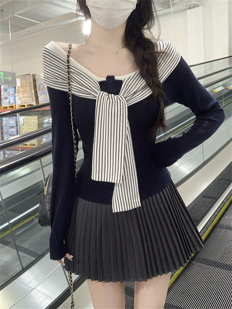 Fashion Striped Lace-up Long Sleeve T-shirt Women