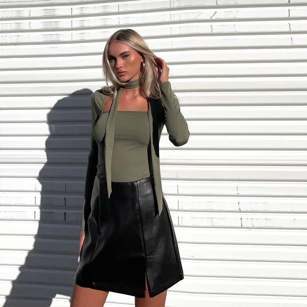 European And American High-end Mature Style T-shirt Autumn And Winter Square Neck Tie Slim Short Top With Temperament