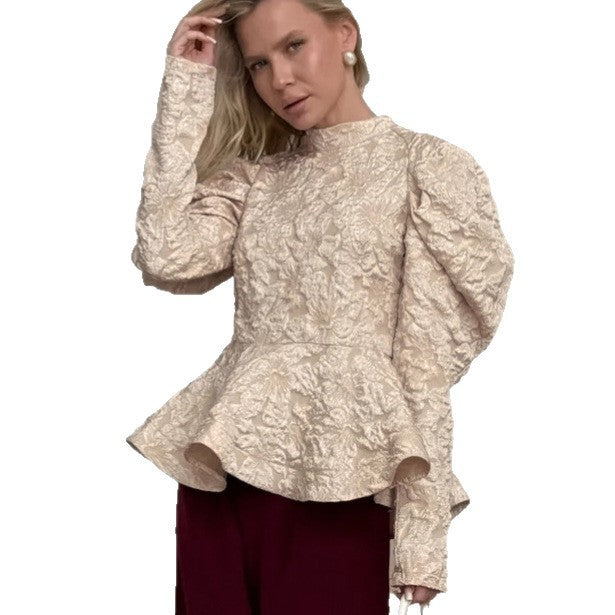 Lady's Retro Solid Color Stand Collar Puff Sleeve Long Sleeve