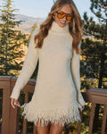 Women's Solid Color High Neck Handmade Fringe Fashion Dress