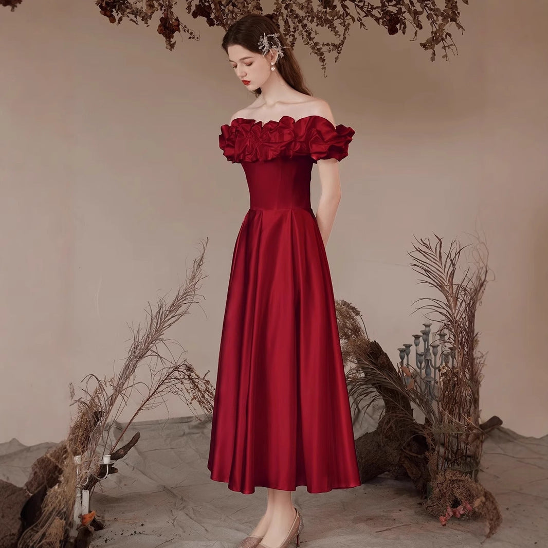 Wine Red Bride Marriage Engagement Dress Mid-length High-end Sense