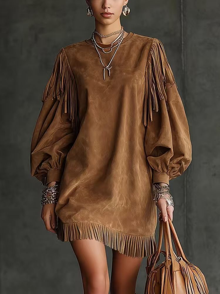 Ladies Fringe Loose Solid Color Dress