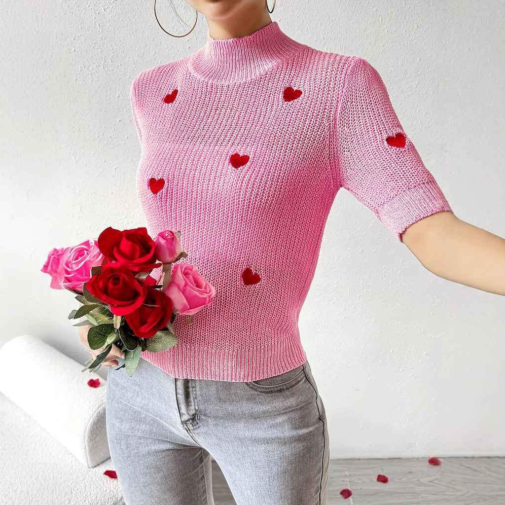 Fashion High-neck Heart Knit Short Sleeve Women