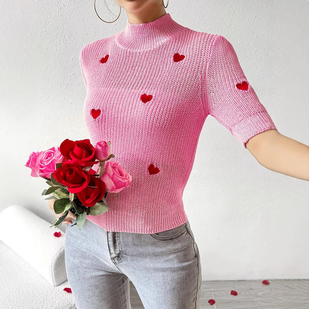 Fashion High-neck Heart Knit Short Sleeve Women