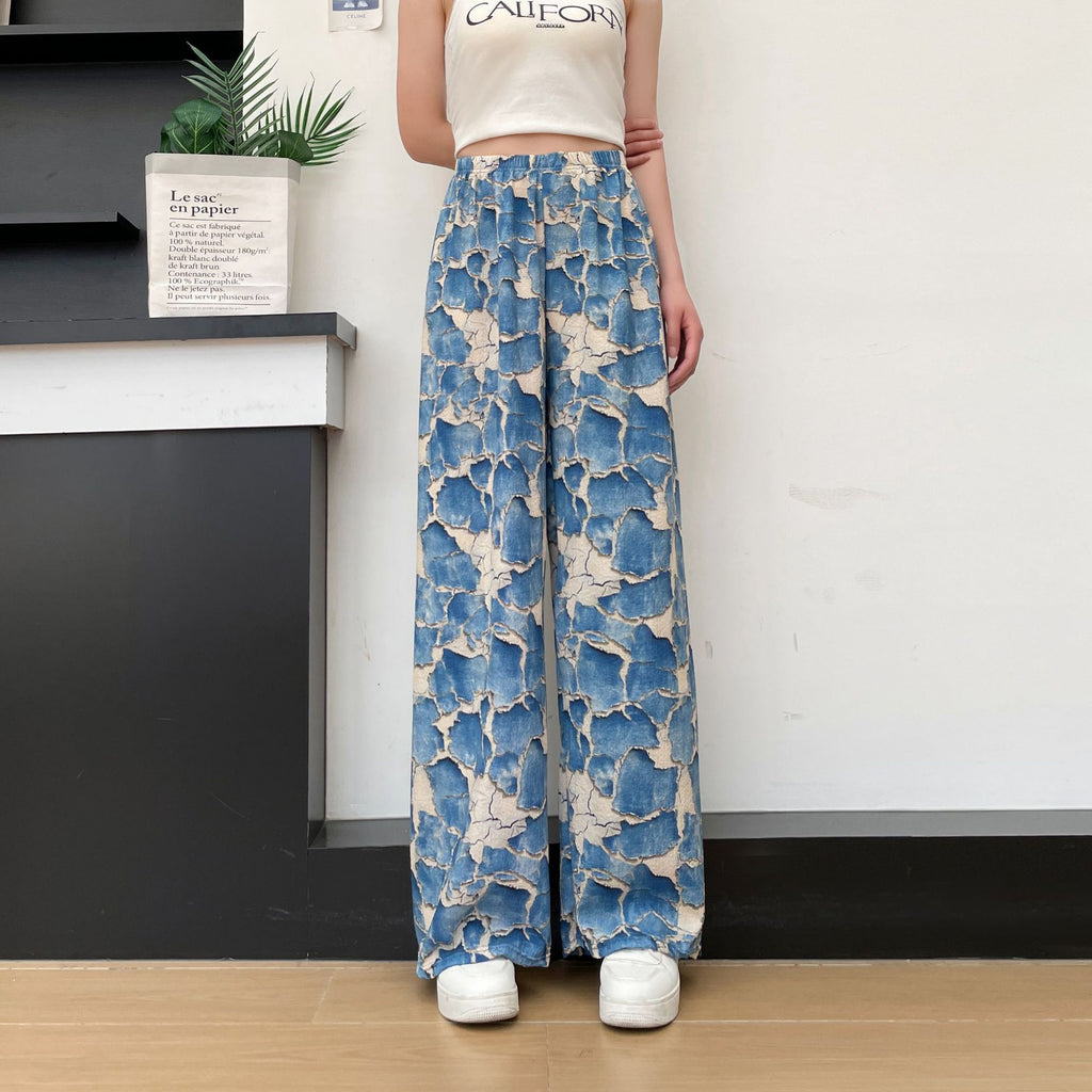 Women's Thin Casual High-waisted Loose Retro Printed Denim Straight-leg Pants