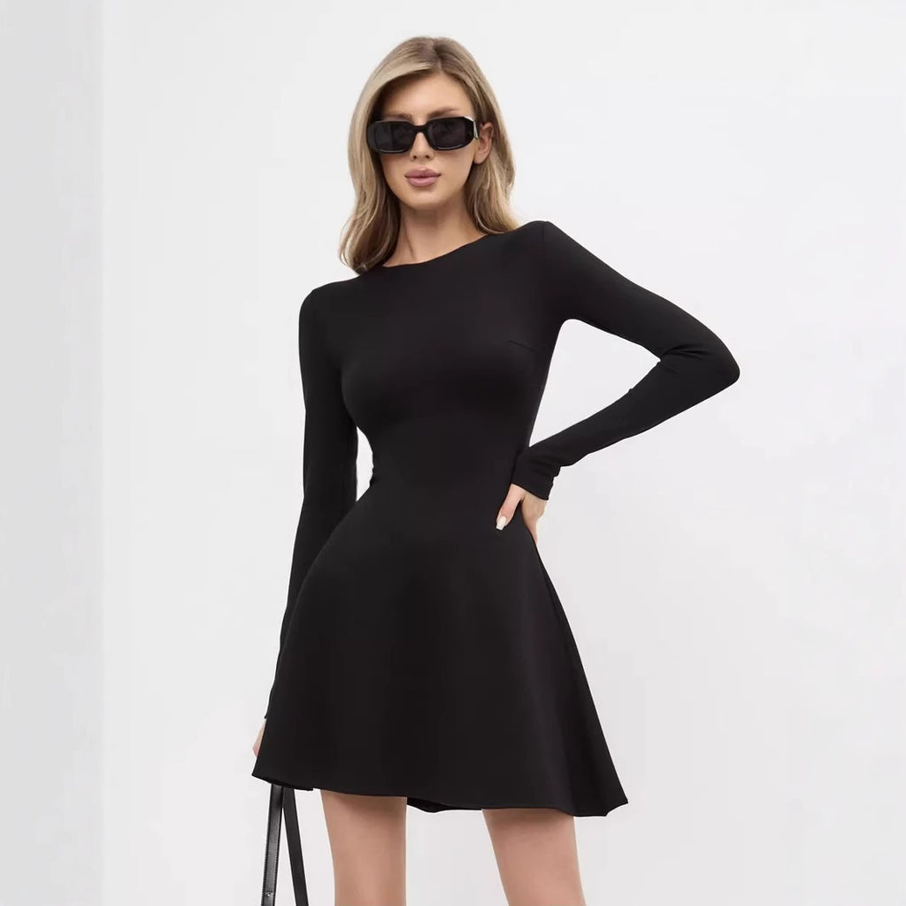 Solid Color Casual Office Round Neck Waist Long Sleeve Knitted Dress