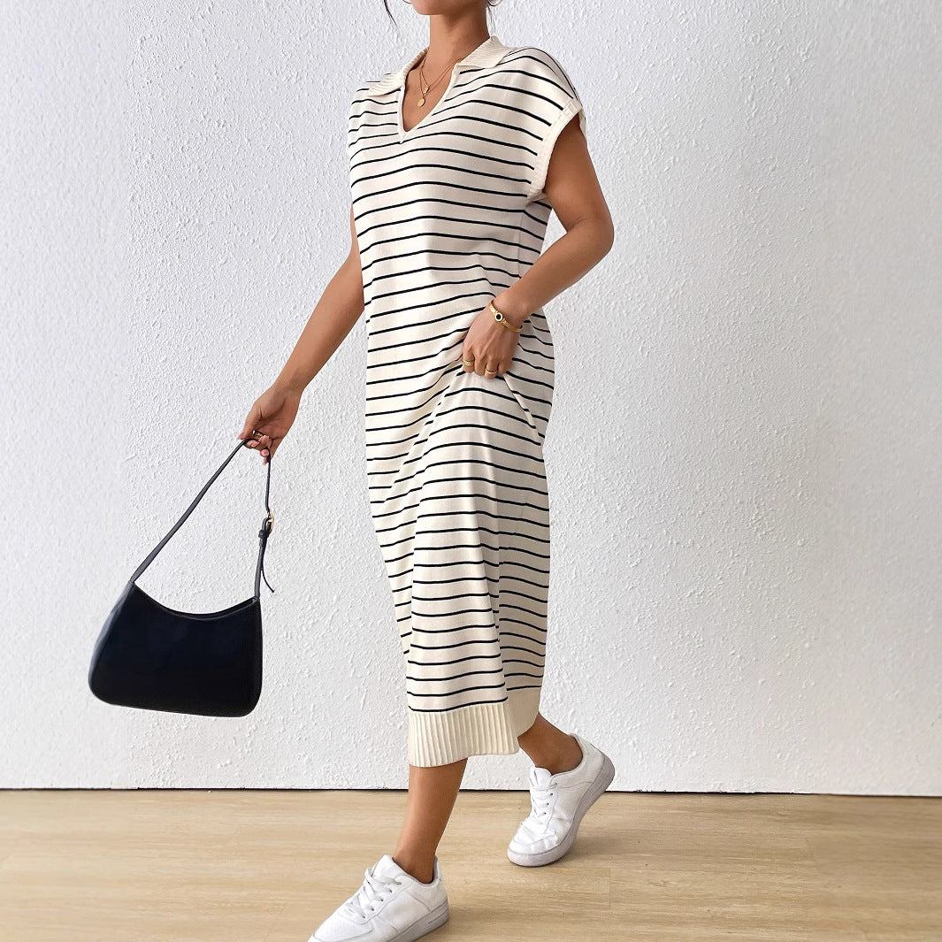 Women's Knitted Striped V-neck Long Dress