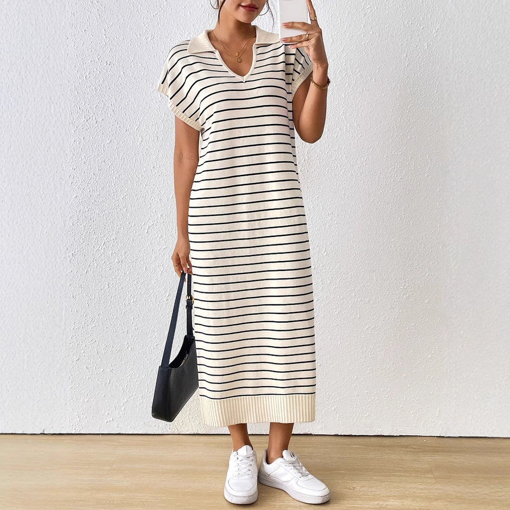 Women's Knitted Striped V-neck Long Dress