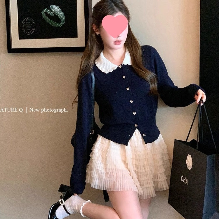 Navy Blue Contrast Color Doll Collar Petal Design Long Sleeve Knit Sweater